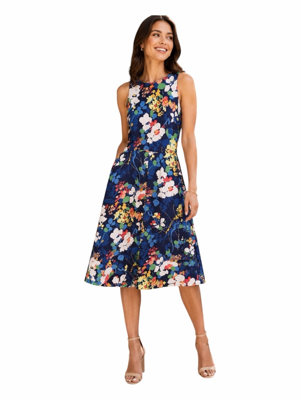 Banana Republic Floral Fit Flare Midi Dress 2 Navy Multicolor Sleeveless